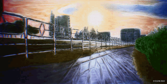 a painting of a bridge with a sunset in the background