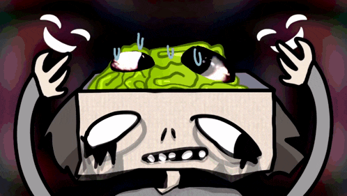 a cartoon drawing of a person holding a box with a frog inside