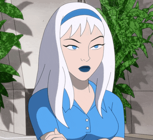 a cartoon girl with white hair and blue lips is wearing a blue shirt