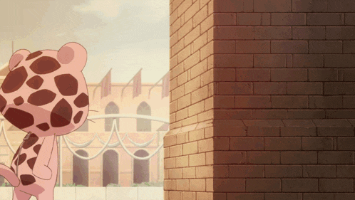 a cartoon giraffe stands in front of a brick wall