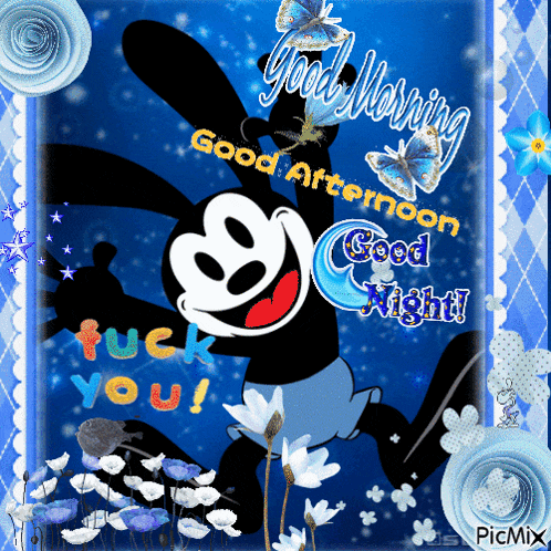 a picture of mickey mouse with the words good morning good afternoon good night