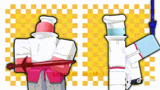 a cartoon of a chef holding a sword and another chef holding a sword