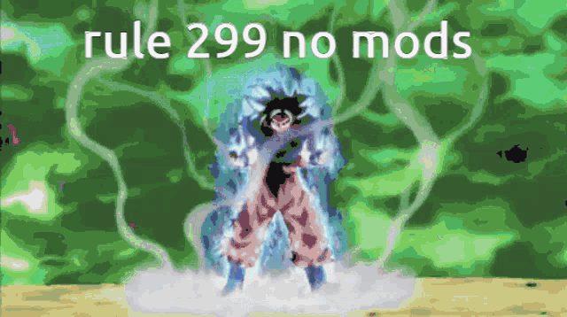 a picture of a person with the words rule 299 no mods on it
