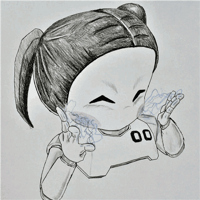 a black and white drawing of a person with the number 00 on their shirt