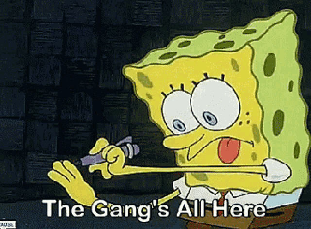 a cartoon of spongebob with the words the gang 's all here below him