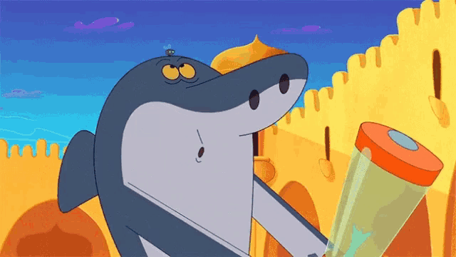 a cartoon of a shark holding a bong in front of a yellow building
