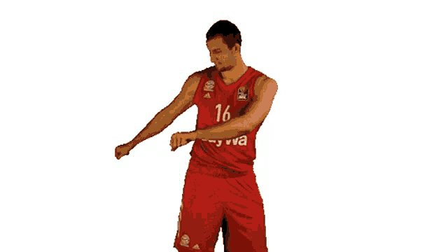 a basketball player wearing a red jersey with the number 16 baywa on it