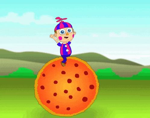 a cartoon character is standing on top of a large orange pizza