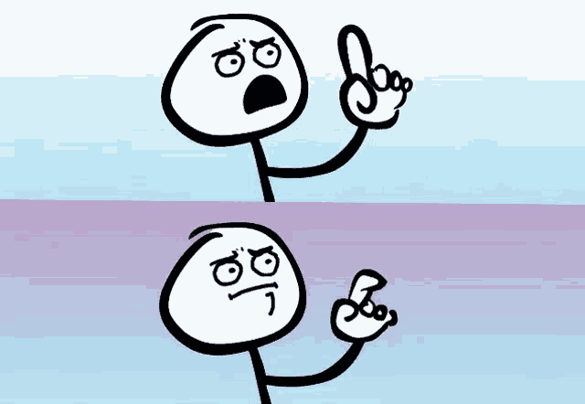 two stick figures with different facial expressions are standing next to each other on a blue and purple background ..