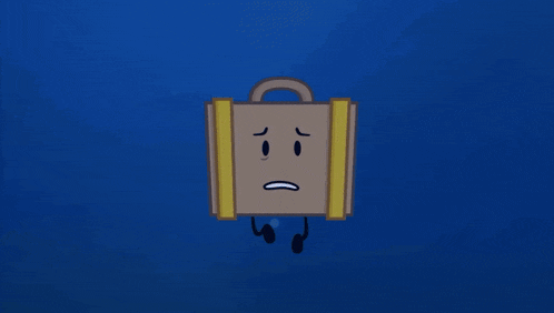a cartoon briefcase with a sad face and arms