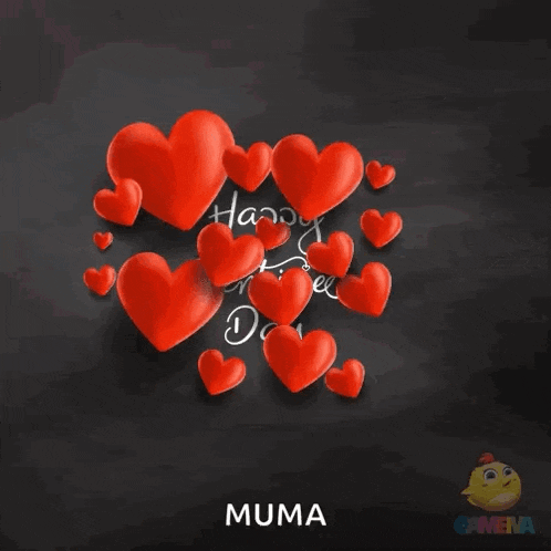 a happy valentine 's day greeting card with red hearts on a black background