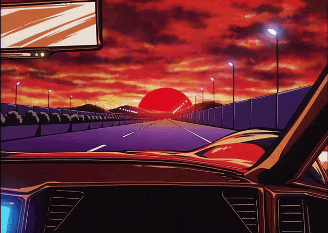 a red car is driving down a highway with a red sun in the background