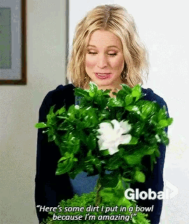 a woman is holding a bouquet of green flowers and says " here 's some dirt "