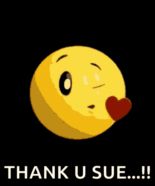 a smiley face with a heart in its mouth and the words thank u sue written below it