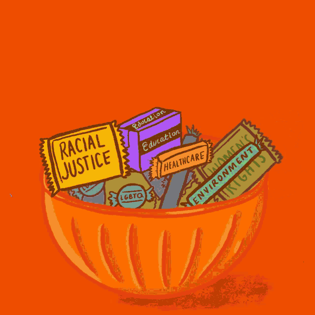 a cartoon of a hand holding a bowl of candy with the words " this halloween grab them all " above it