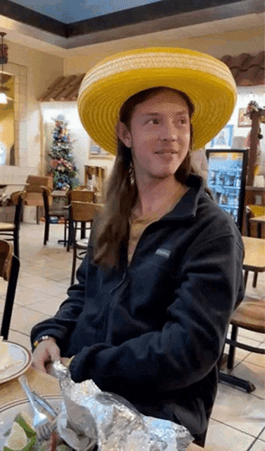 a man wearing a sombrero is sitting at a table with a plate of food