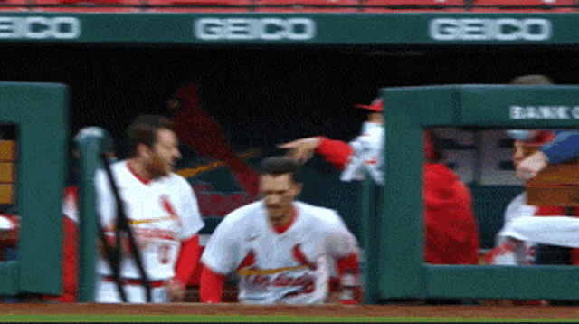 a group of baseball players in a dugout with geico written on the walls