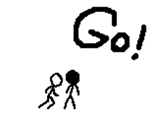 a stick figure is carrying a large rock and the word go is above it