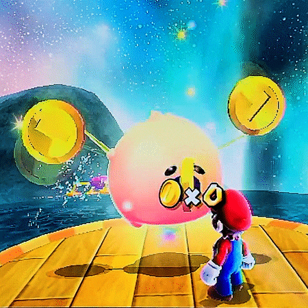 a video game where mario is standing in front of a pink ball with a face on it