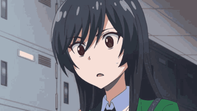 a girl with black hair and red eyes is standing in front of lockers