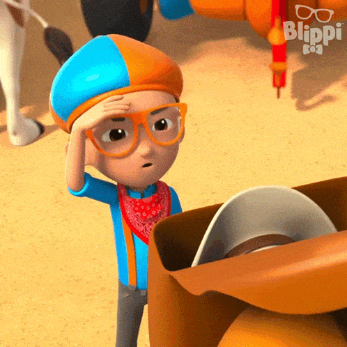 a cartoon character from blippi looks surprised