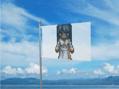 a flag with a pixelated image of a woman flying in the wind
