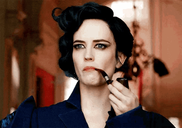 a woman with a pipe in her mouth looks to the side