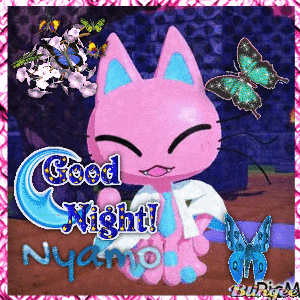 a pink cat with blue ears and a white shirt says good night nyamo