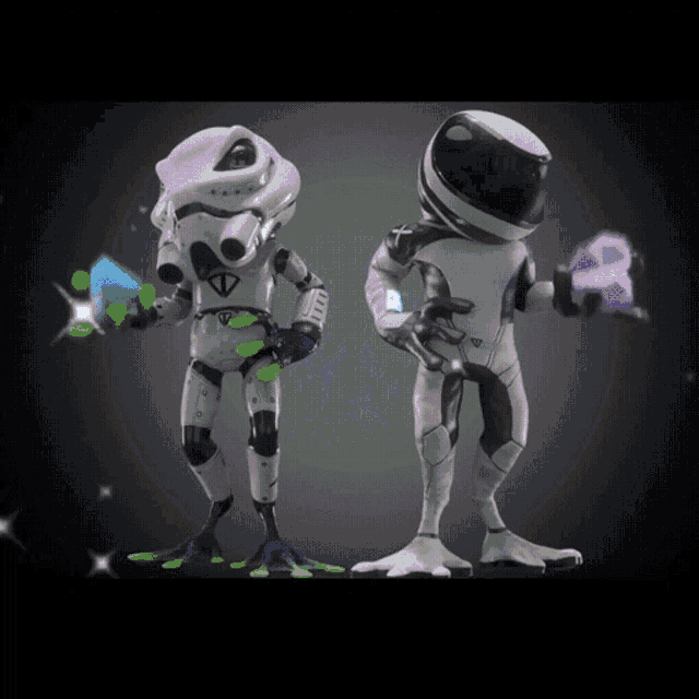 a robot and a frog are standing next to each other holding objects