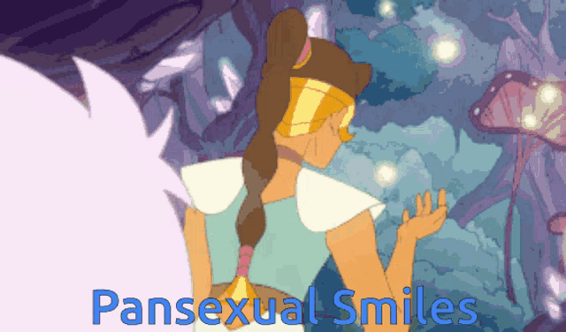 a cartoon of a woman with the words pansexual smiles on the bottom