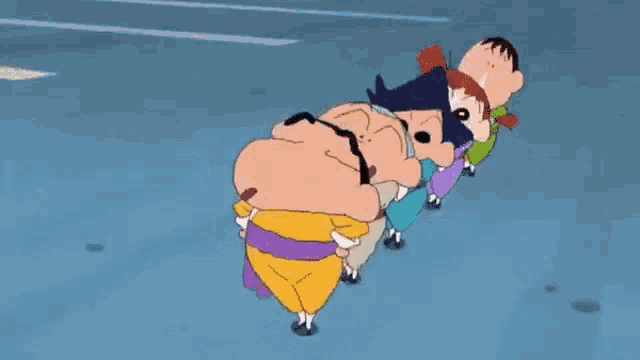 a group of cartoon characters are standing in a line and one of them says ayo lakukan tarian jenkka .