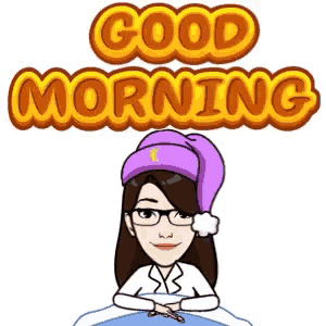 a cartoon woman wearing glasses and a purple hat is sitting in a bed .