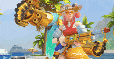 a woman in a straw hat and sunglasses is holding a gun on a beach