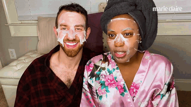 a man and a woman wearing face masks with marie claire in the corner