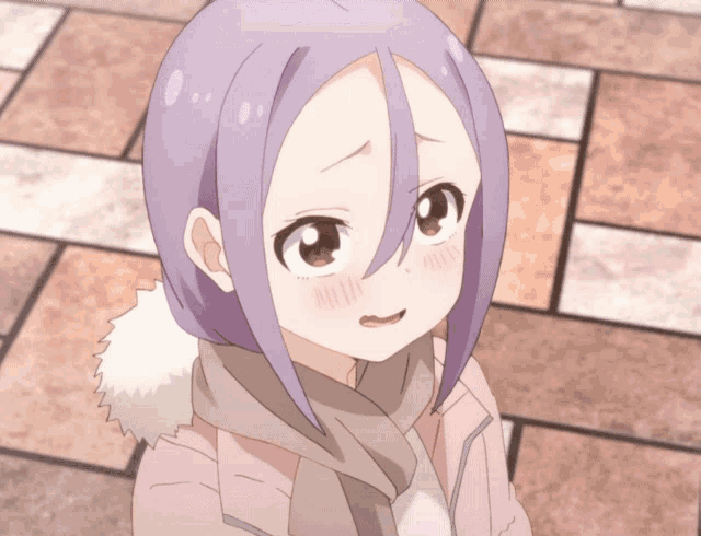 a girl with purple hair is wearing a pink coat