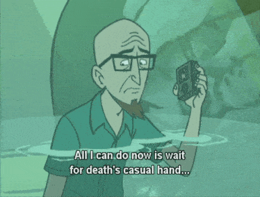 a cartoon of a man holding a book that says to finish the job that fate began at my unevenful puberty