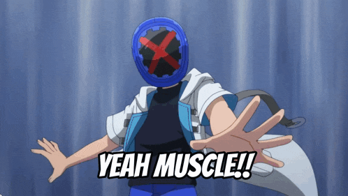 a person with a blue helmet on their head says yeah muscle !!