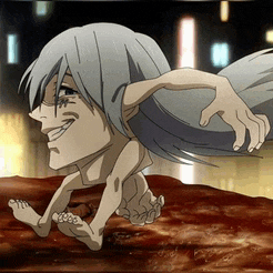 a naked anime character with long hair is crawling on a pile of meat .