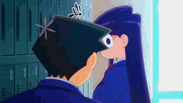 a cartoon of a boy and a girl kissing in front of lockers .