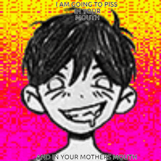 a black and white drawing of a boy with a smiley face and the words `` i am going to piss in your mouth ''
