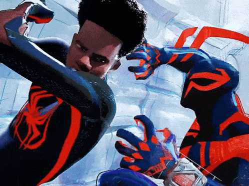 a man in a spider man suit is fighting another man in a blue suit