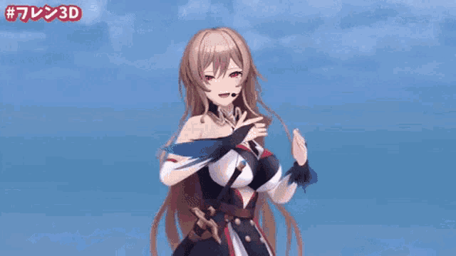 a girl with long hair and red eyes is standing in front of a blue sky