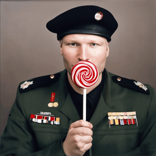 a man in a military uniform has a lollipop in his mouth and his uniform says id army