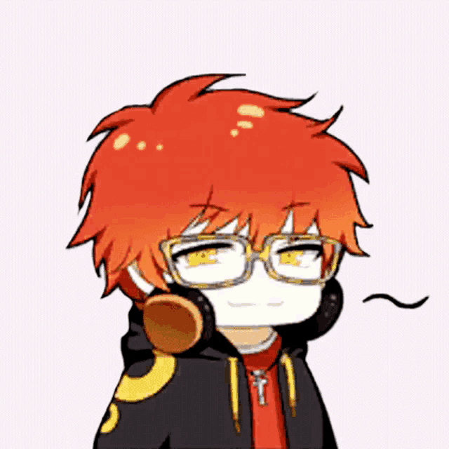a cartoon of a boy with red hair and glasses wearing headphones .