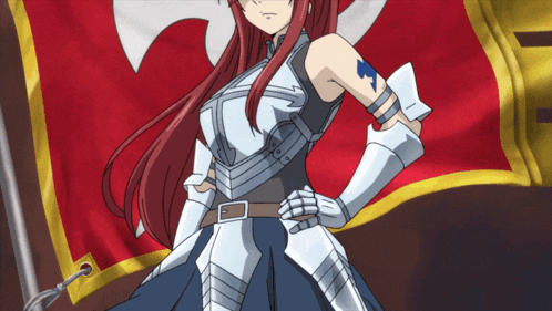 a girl with red hair is wearing a knight 's armor and holding a flag