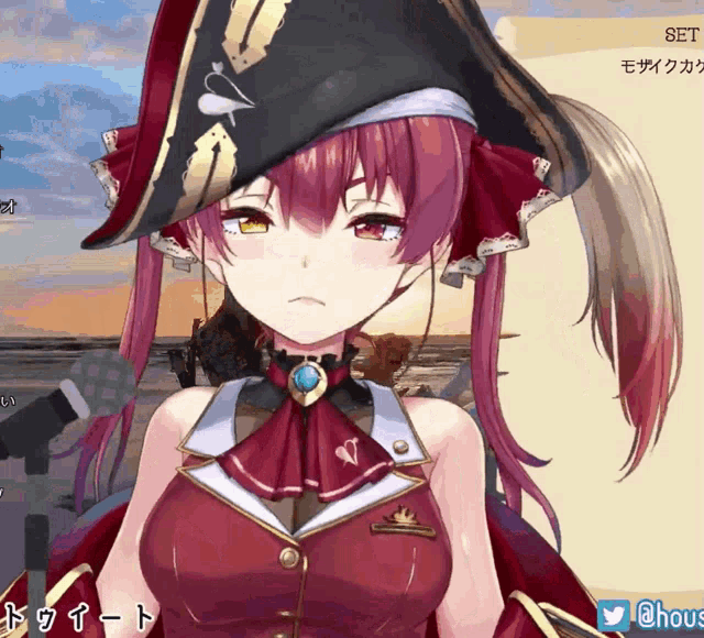 a girl with red hair is wearing a pirate hat and a red dress