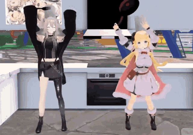 two anime girls are dancing in a kitchen with one holding a fork