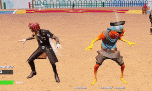 a screenshot of a video game shows two characters dancing in the sand