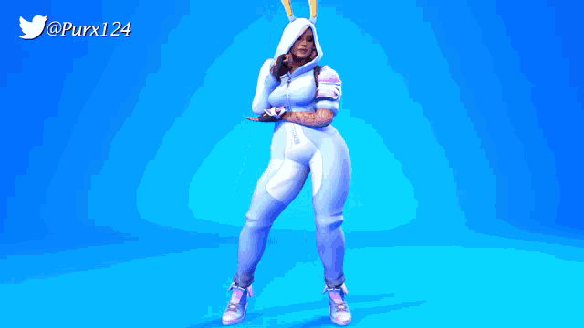 a woman in a white bunny costume is standing in front of a blue background with the twitter username purx124