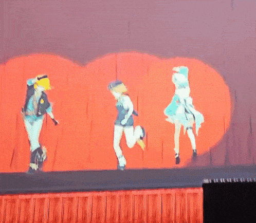 three anime characters are dancing on a stage with a red curtain in the background